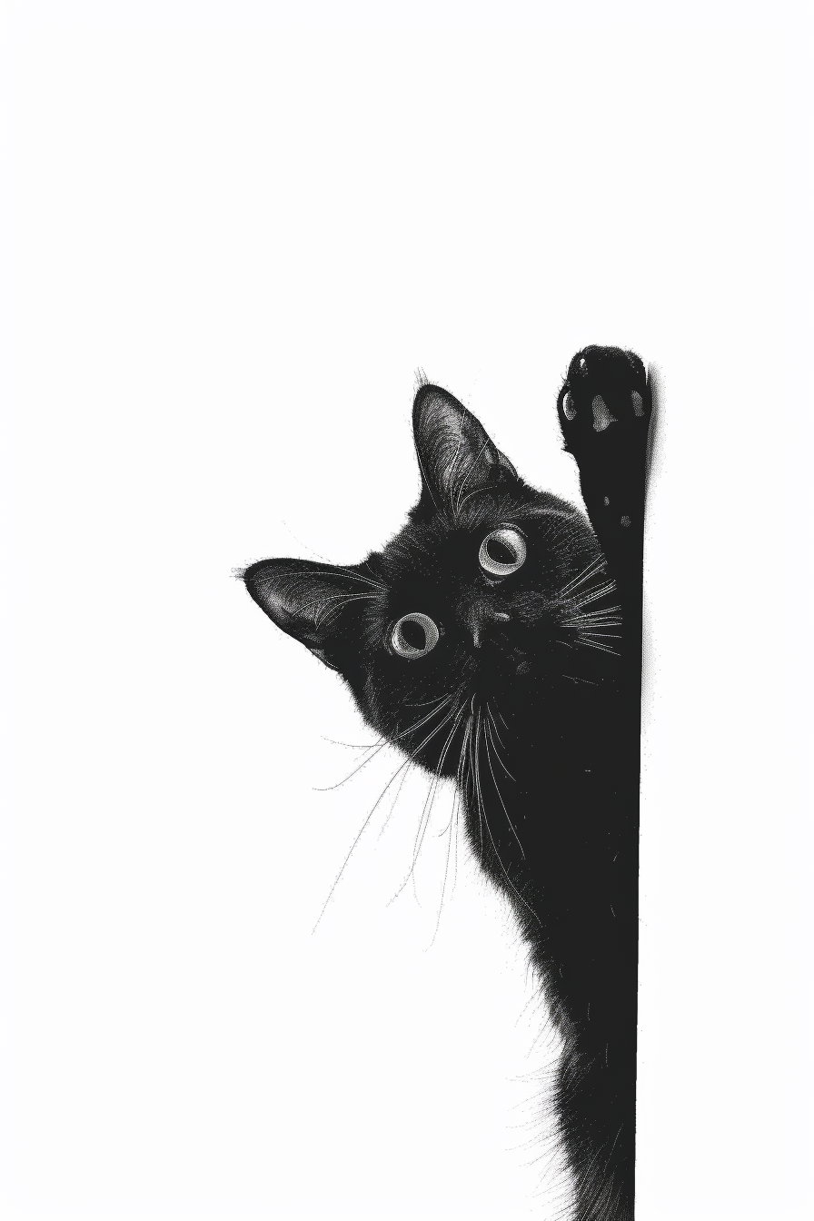 Playful black cat peeking with stretched paw in minimalist art