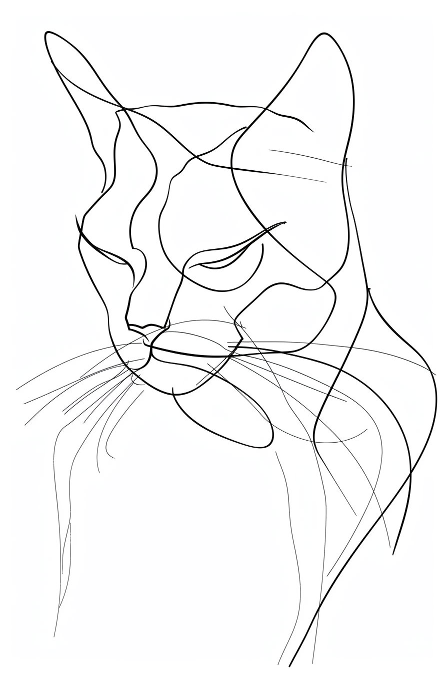 Elegant black line cat portrait on white background