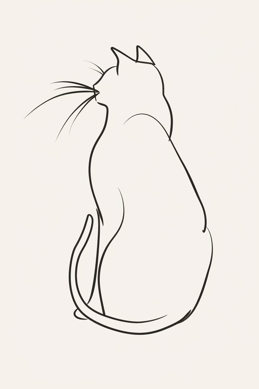Minimalist cat outline in bold line art on white background