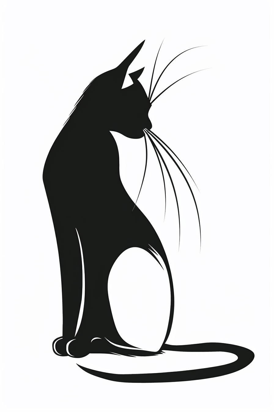 Elegant black line cat silhouette on white background