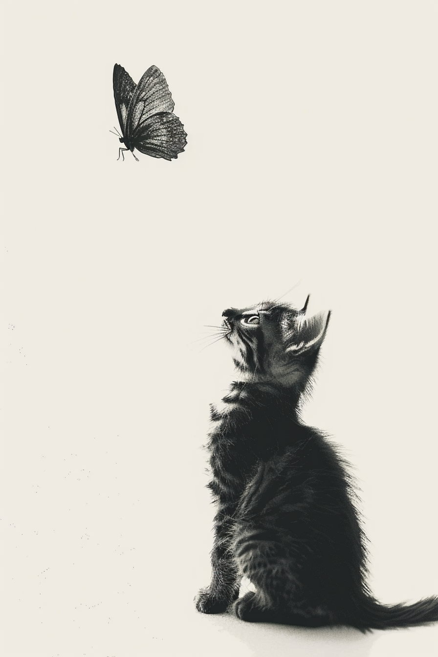 Minimalist cat observing butterfly on white background
