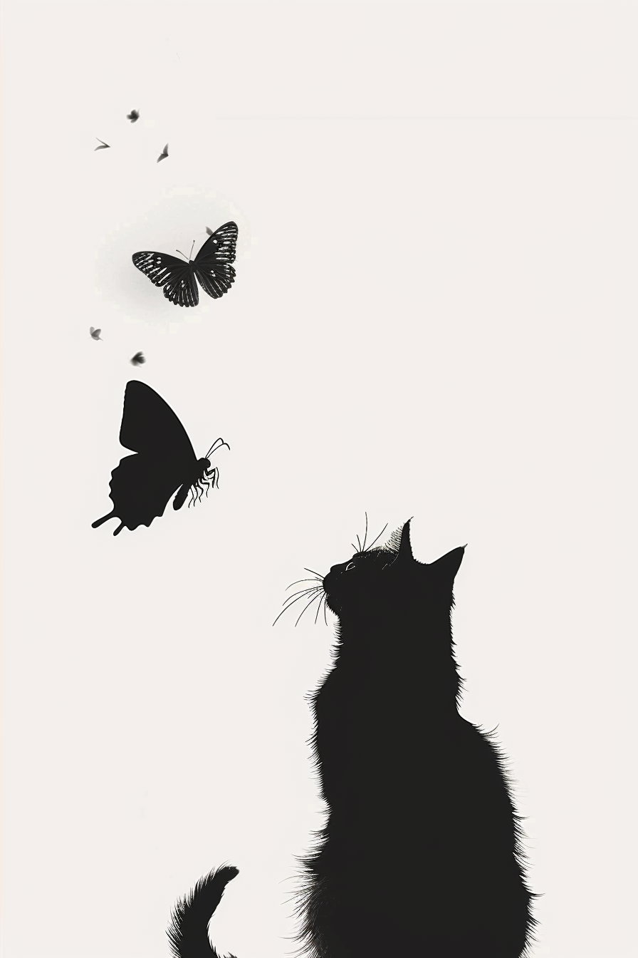 Minimalist cat observing butterfly on white background