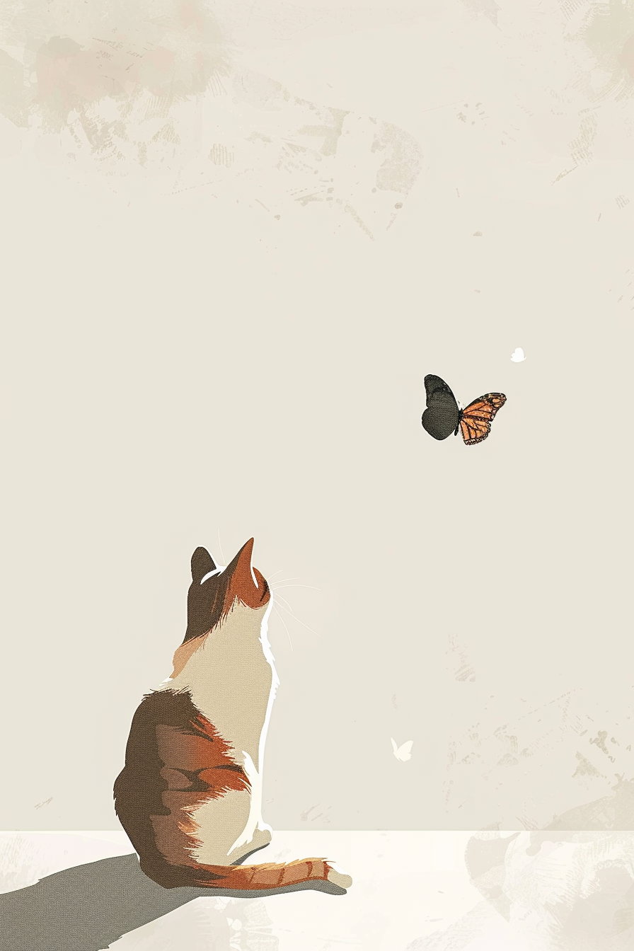 Minimalist cat observing butterfly on white background