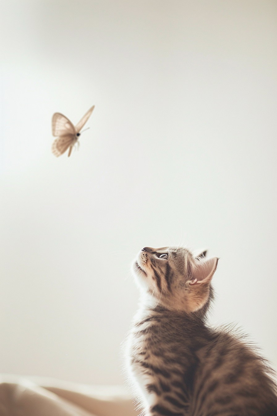 Minimalist cat watching butterfly on white background
