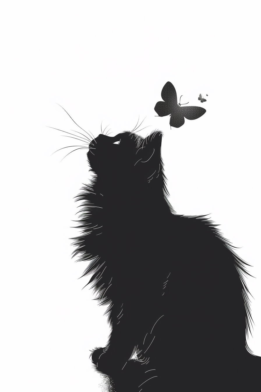Black cat gazing at butterfly in minimalist illustration