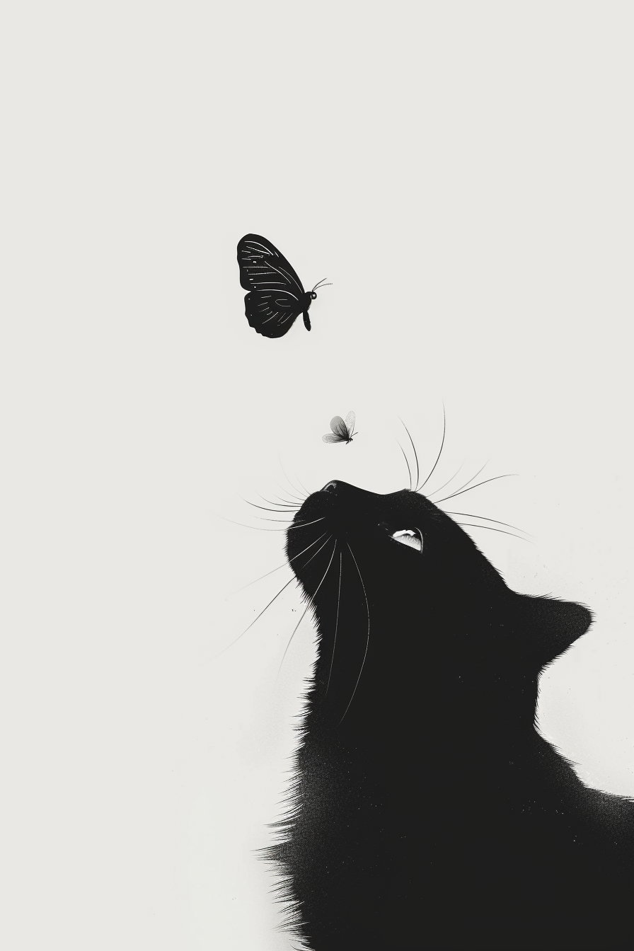 Black cat gazing at butterfly in minimalistic illustration