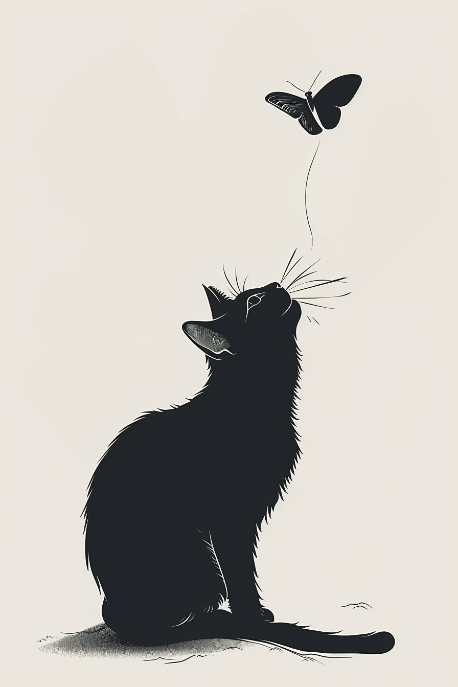 Black cat gazing at a butterfly in minimalistic illustration