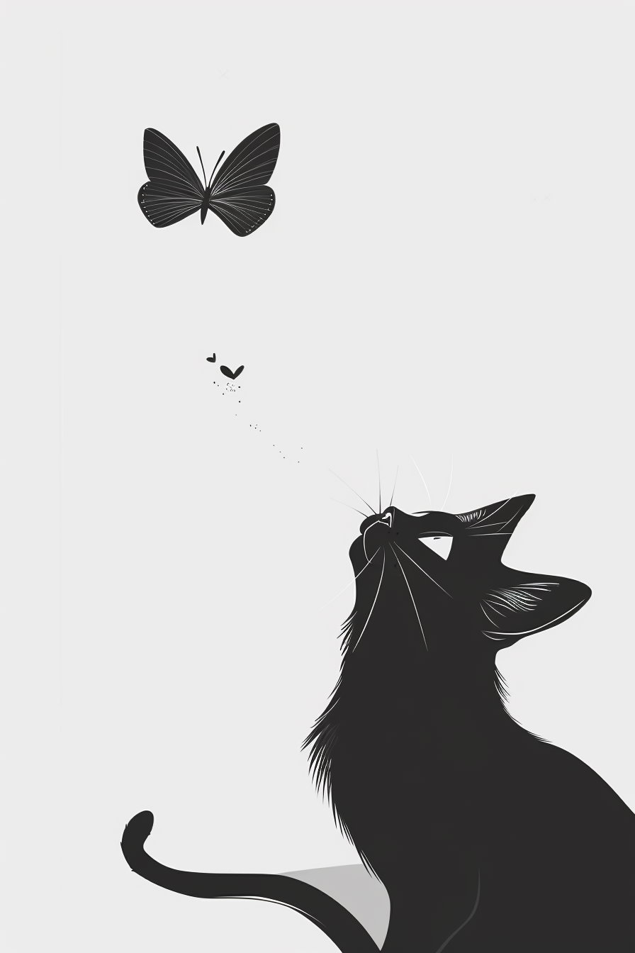 Black cat gazing at a butterfly in minimalist illustration