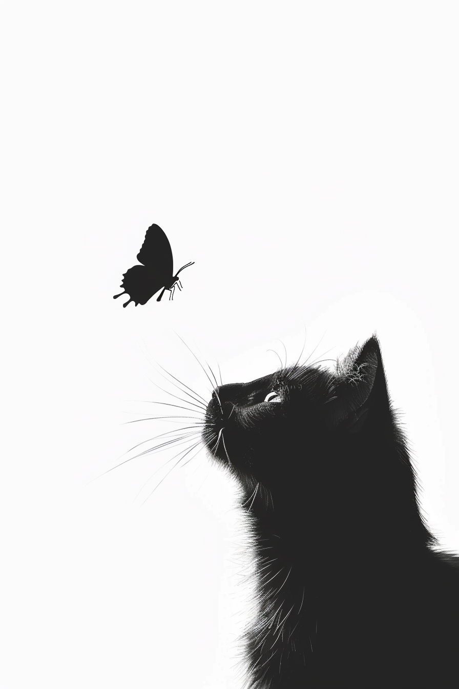 Minimalist cat observing a butterfly on white background