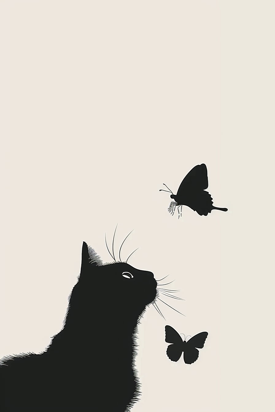Minimalist cat observing a butterfly on a white background