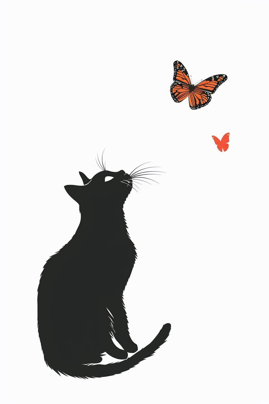 Minimalist cat observing butterfly in gentle motion
