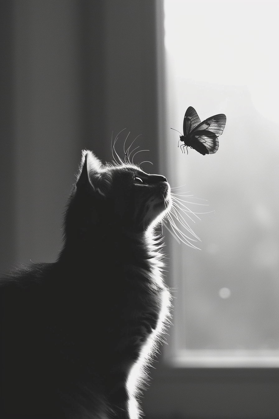 Calm cat watching butterfly in serene black and white scene