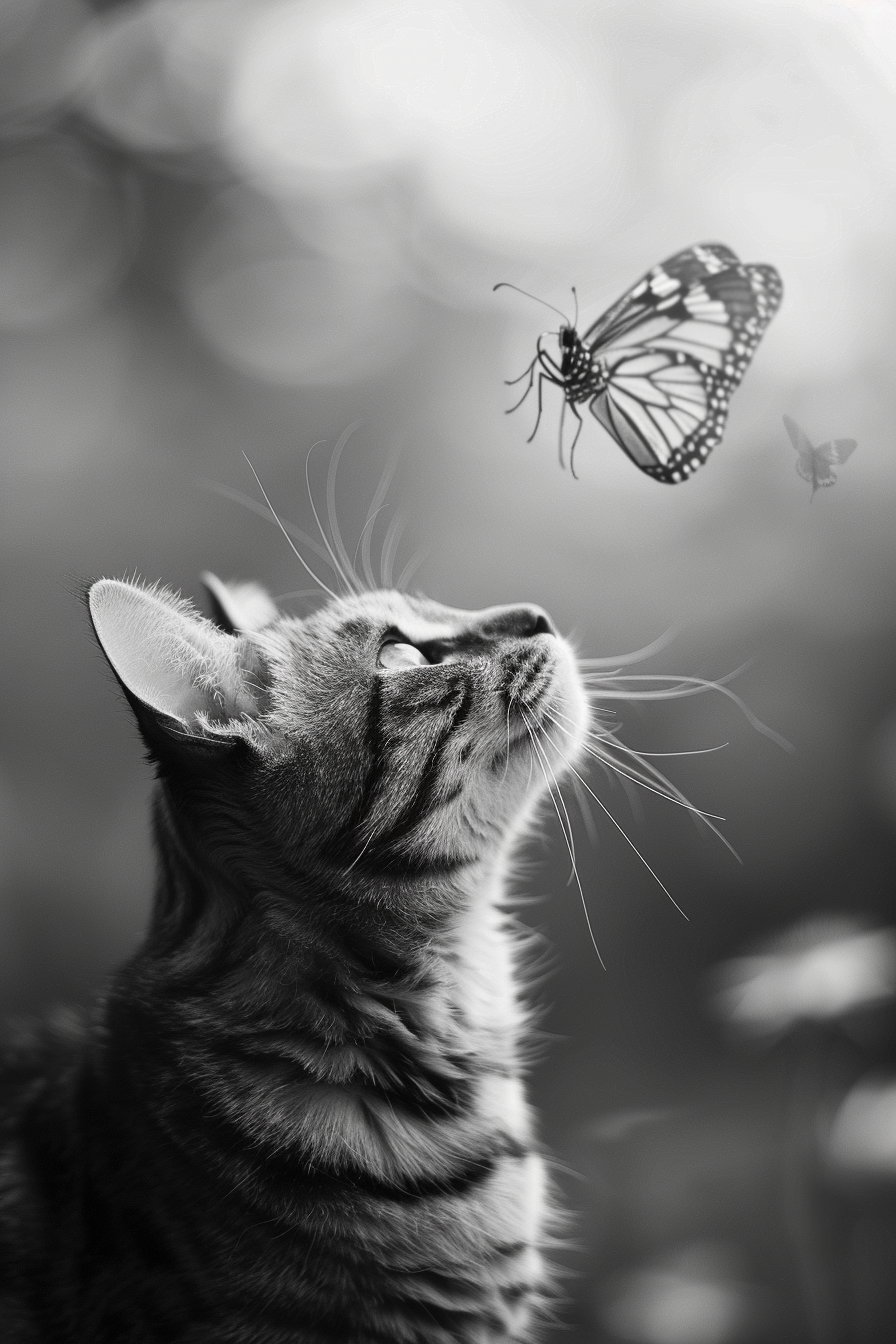 Calm cat gazing at butterfly in serene black and white scene