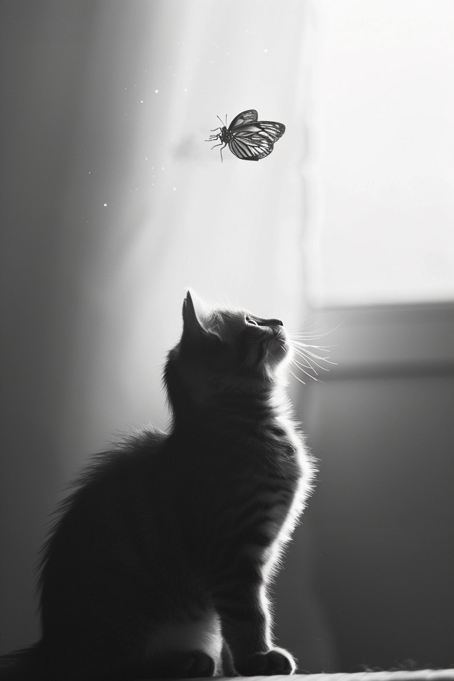 Calm cat watching butterfly in serene black and white scene