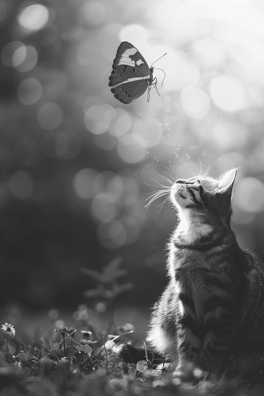 Calm cat watching butterfly in serene black and white scene