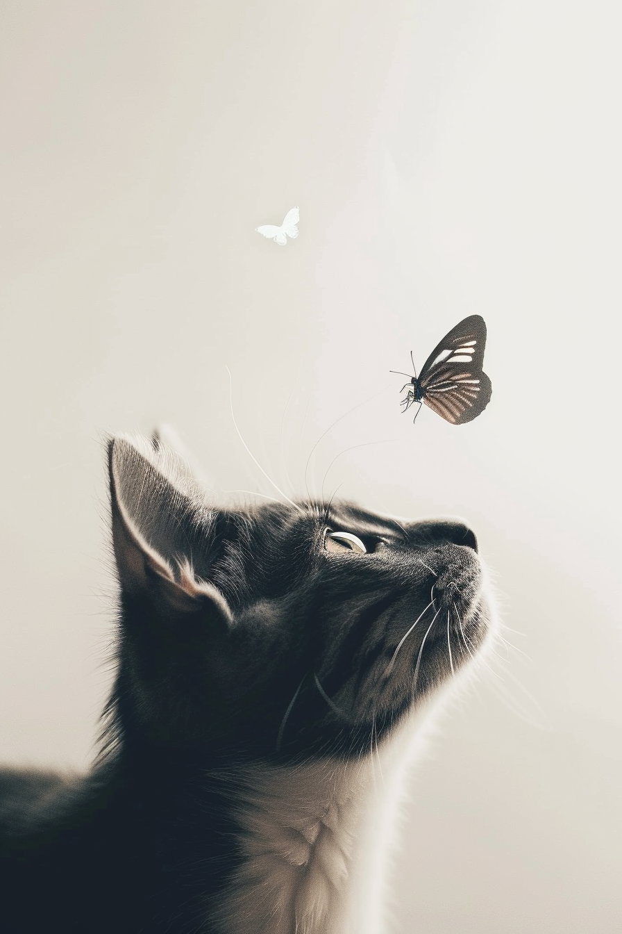 Minimalist cat gently observing a butterfly on white background