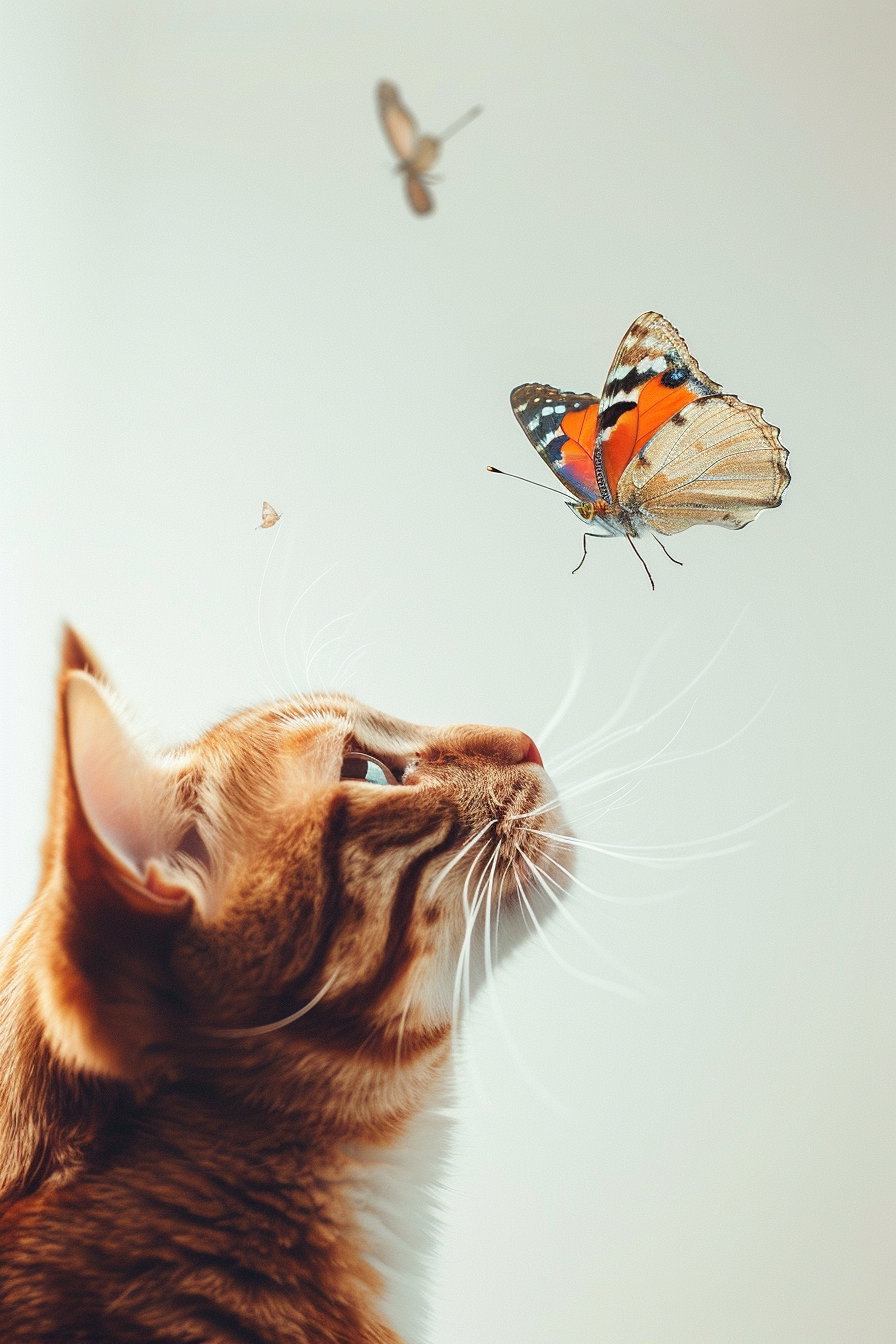 Minimalist cat observing butterfly on white background