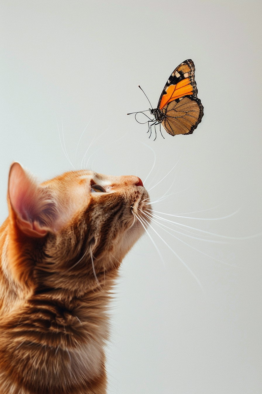Minimalist cat observing butterfly on white background