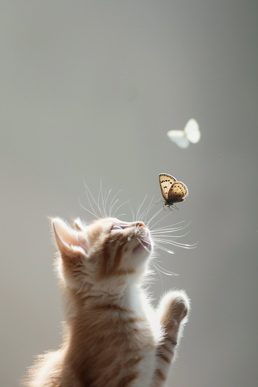 Minimalist cat reaching for butterfly on white background