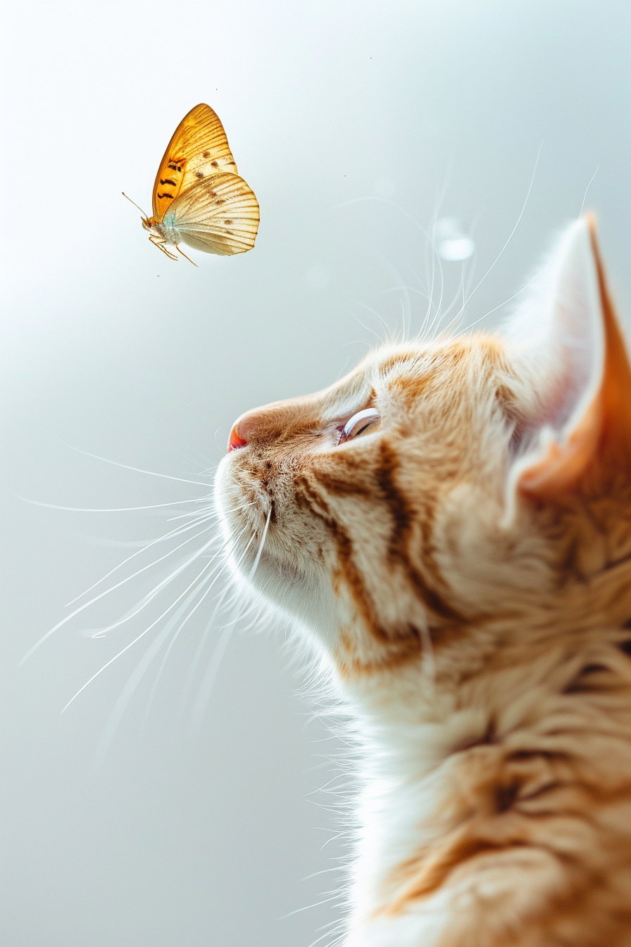 Minimalist cat reaching for butterfly on white background