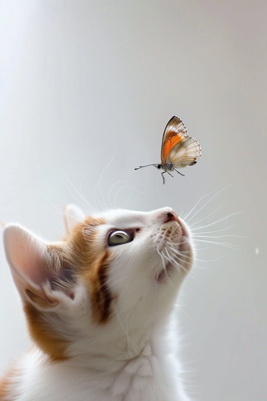 Minimalist cat reaching for butterfly on white background