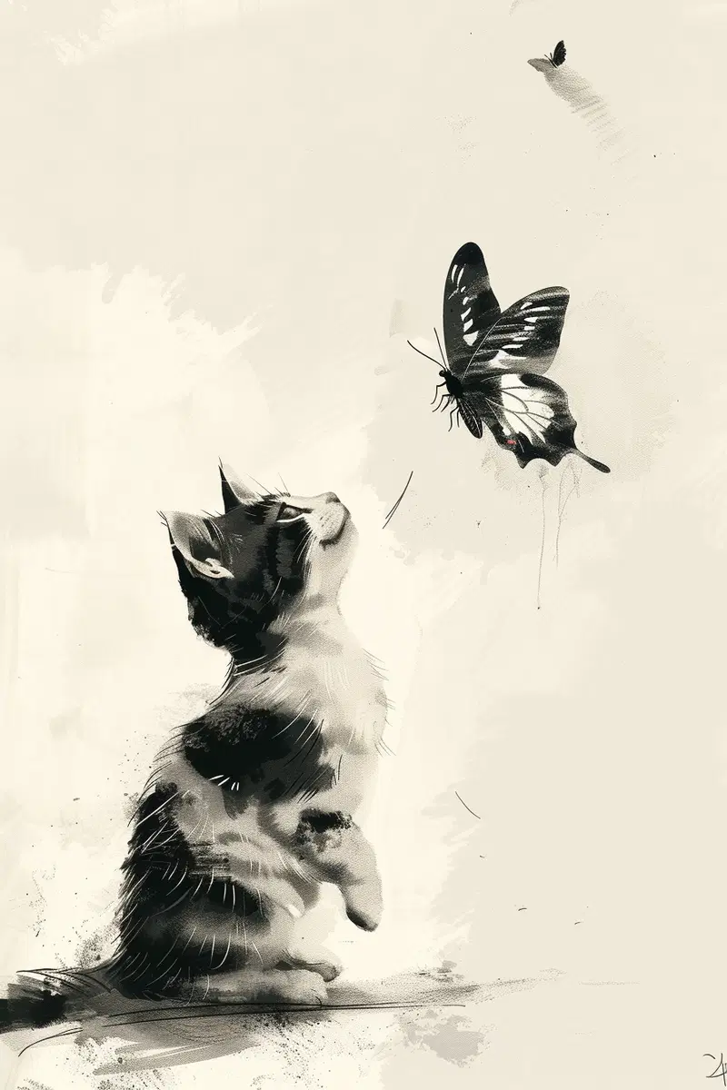 Minimalist Cat and Butterfly Wall Art Printable Decor