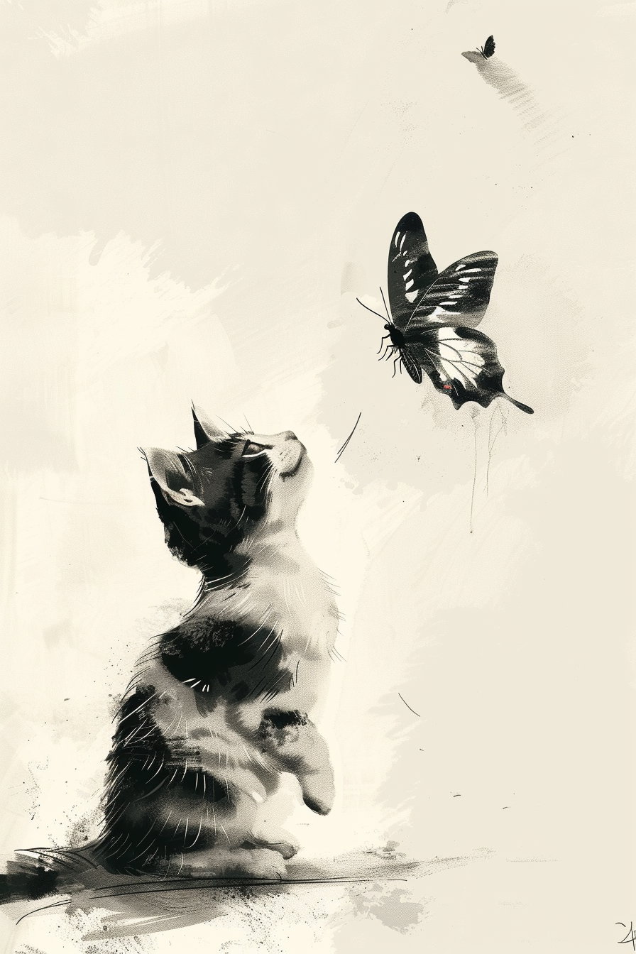 Small cat observing butterfly in minimalist wall art design