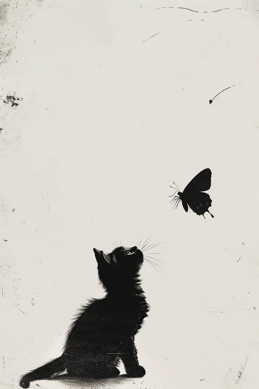 Small cat tracking butterfly in modern wall art style