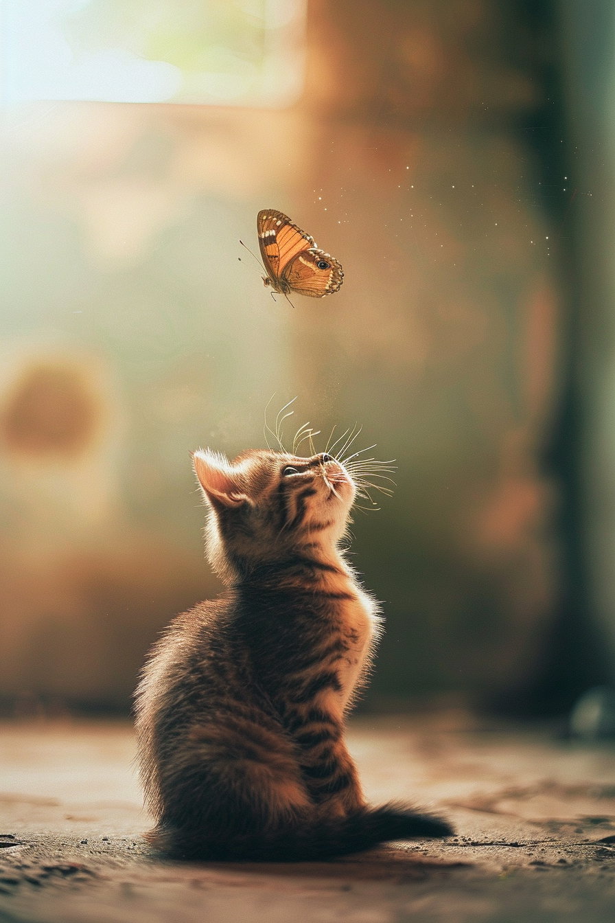Small cat observing butterfly in modern wall art style
