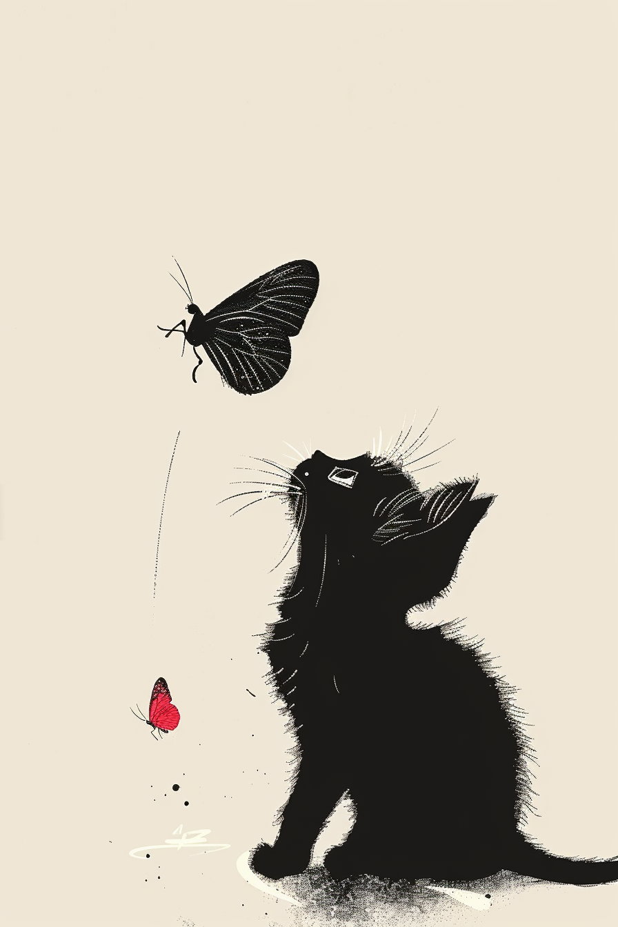 Small cat watching butterfly in modern wall art style