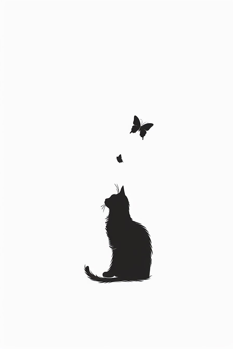 Black and white cat under butterfly in peaceful setting