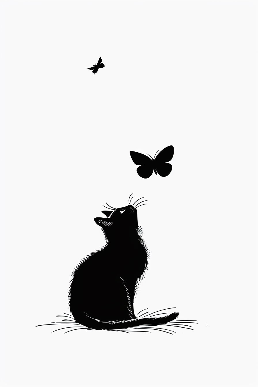 Black and white cat gazing at butterfly in minimal design