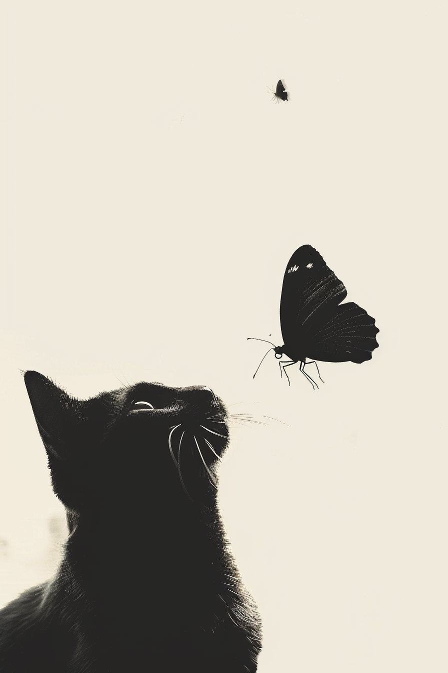 Minimalist black cat gazing at butterfly on white background