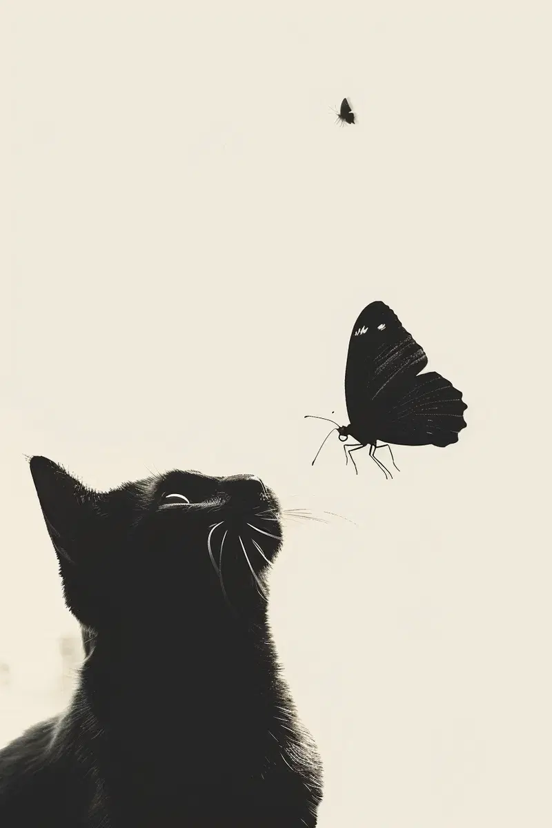 Minimalist Black Cat Wall Art Aesthetic with Butterfly