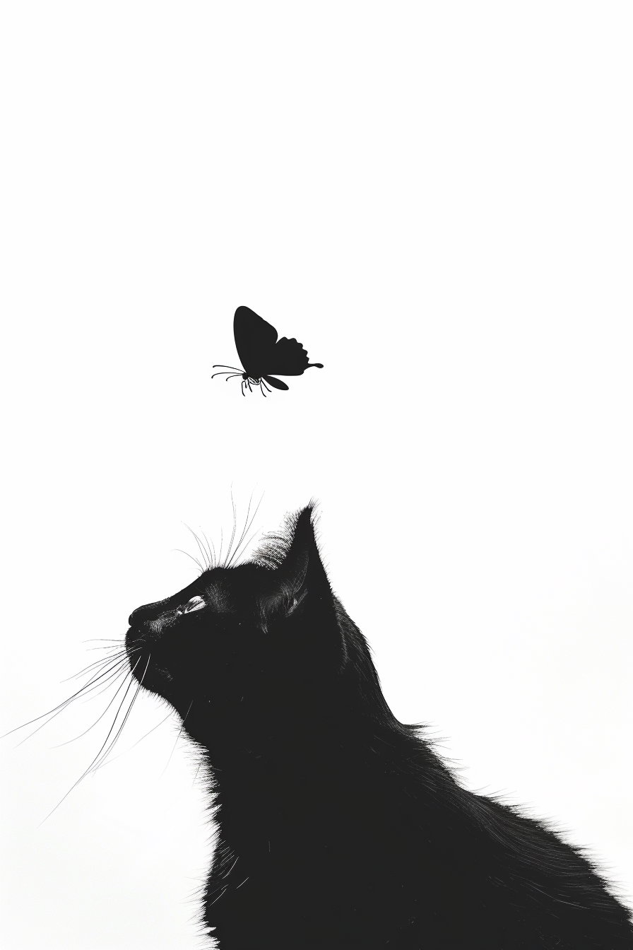 Minimalist black cat gazing at a butterfly on white background