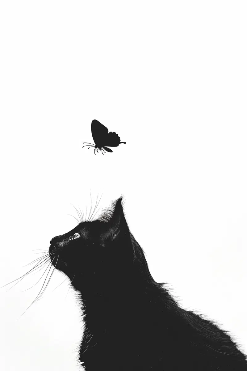 Minimalist Black Cat Wall Art with Butterfly Aesthetic
