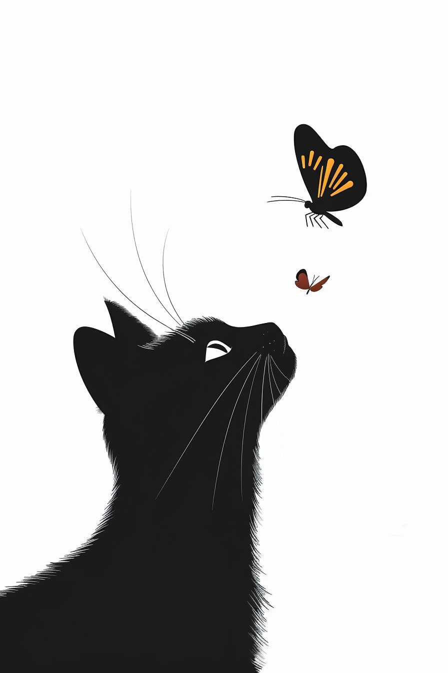 Minimalist black cat gazing at butterfly on white background