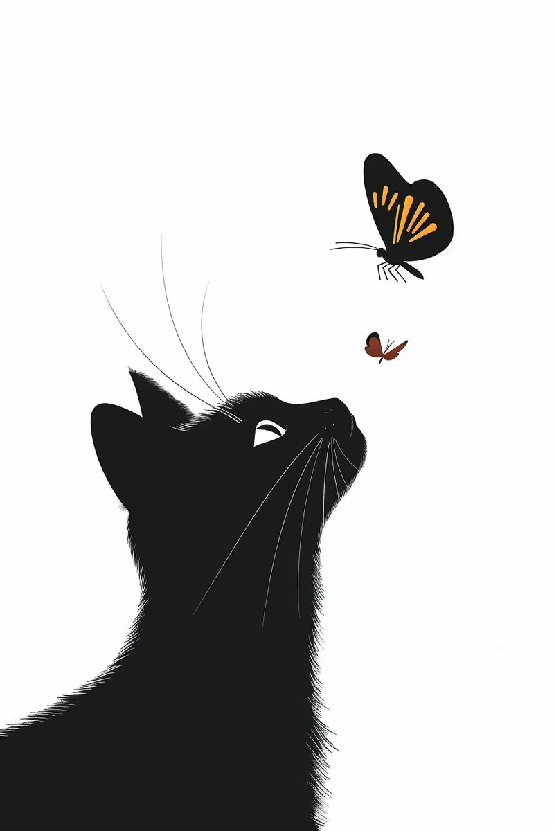 Minimalist Black Cat Wall Art with Butterfly Aesthetic