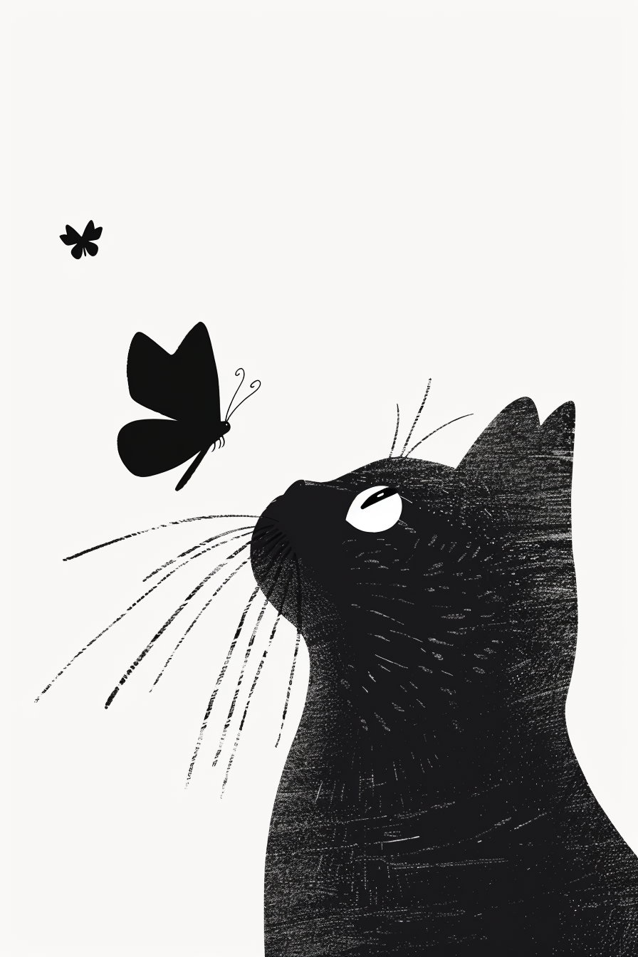 Minimalist black cat gazing at butterfly on white background