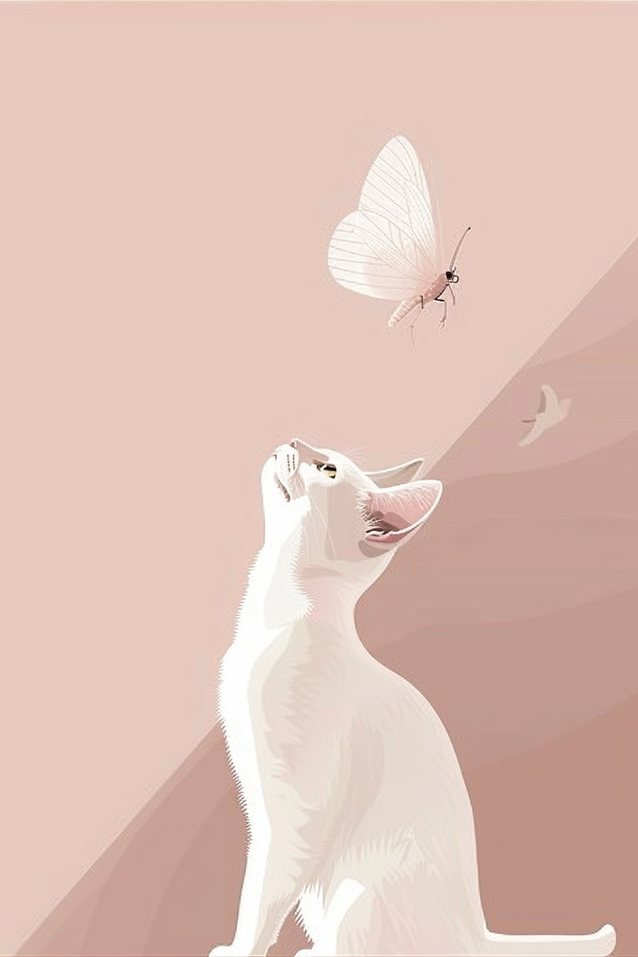 Cat sitting quietly with butterfly above in minimalistic design