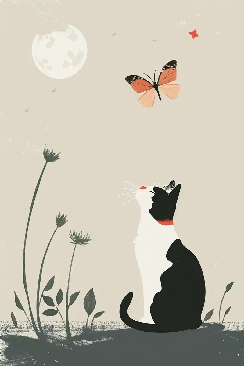 Minimalist Cat and Butterfly Printable Wall Art Decor