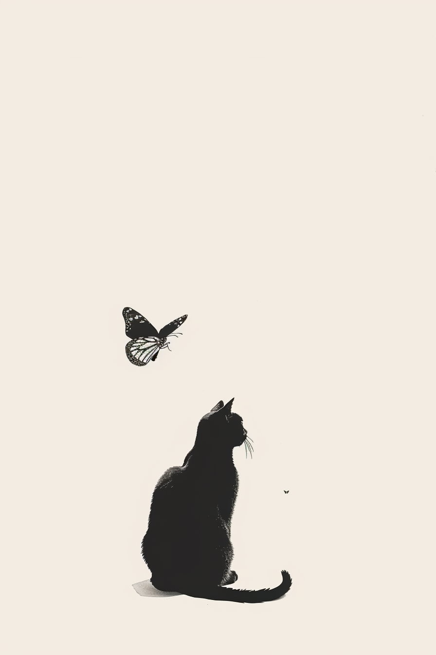 Cat sitting quietly with butterfly above in minimalistic design