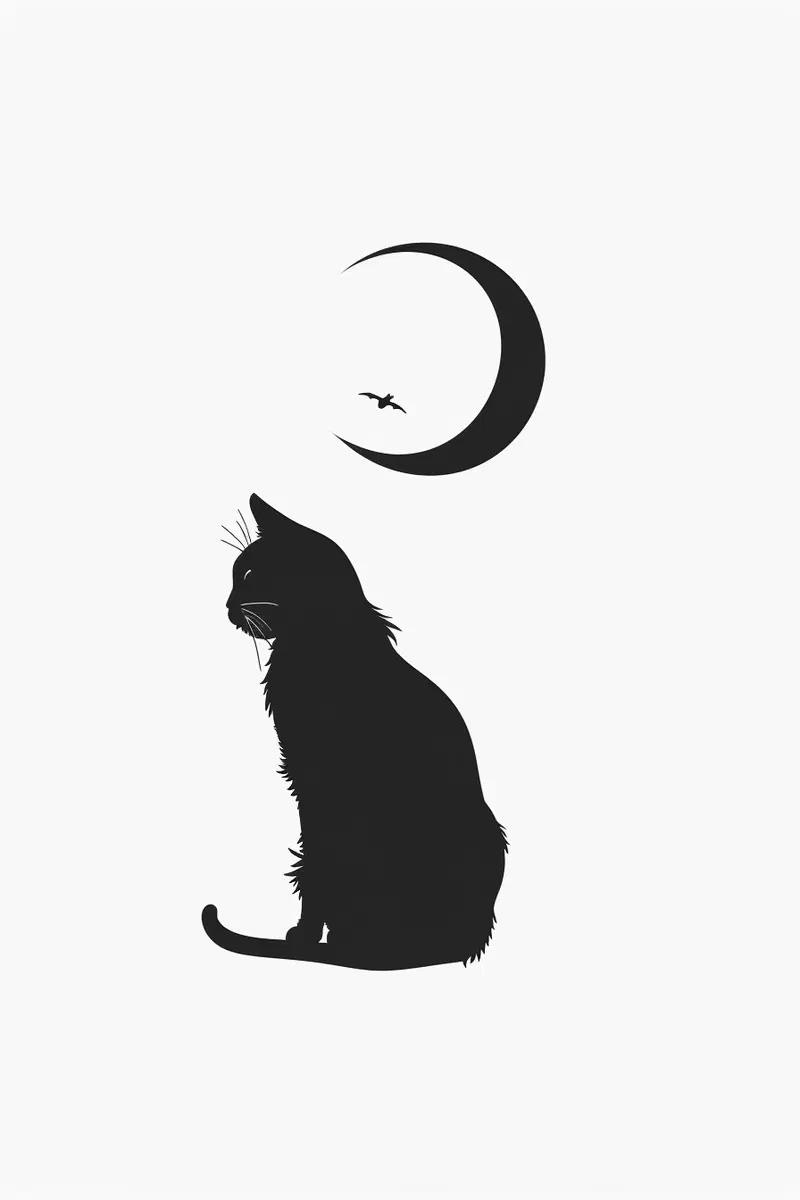 Minimalist Black Cat Wall Art Under Crescent Moon