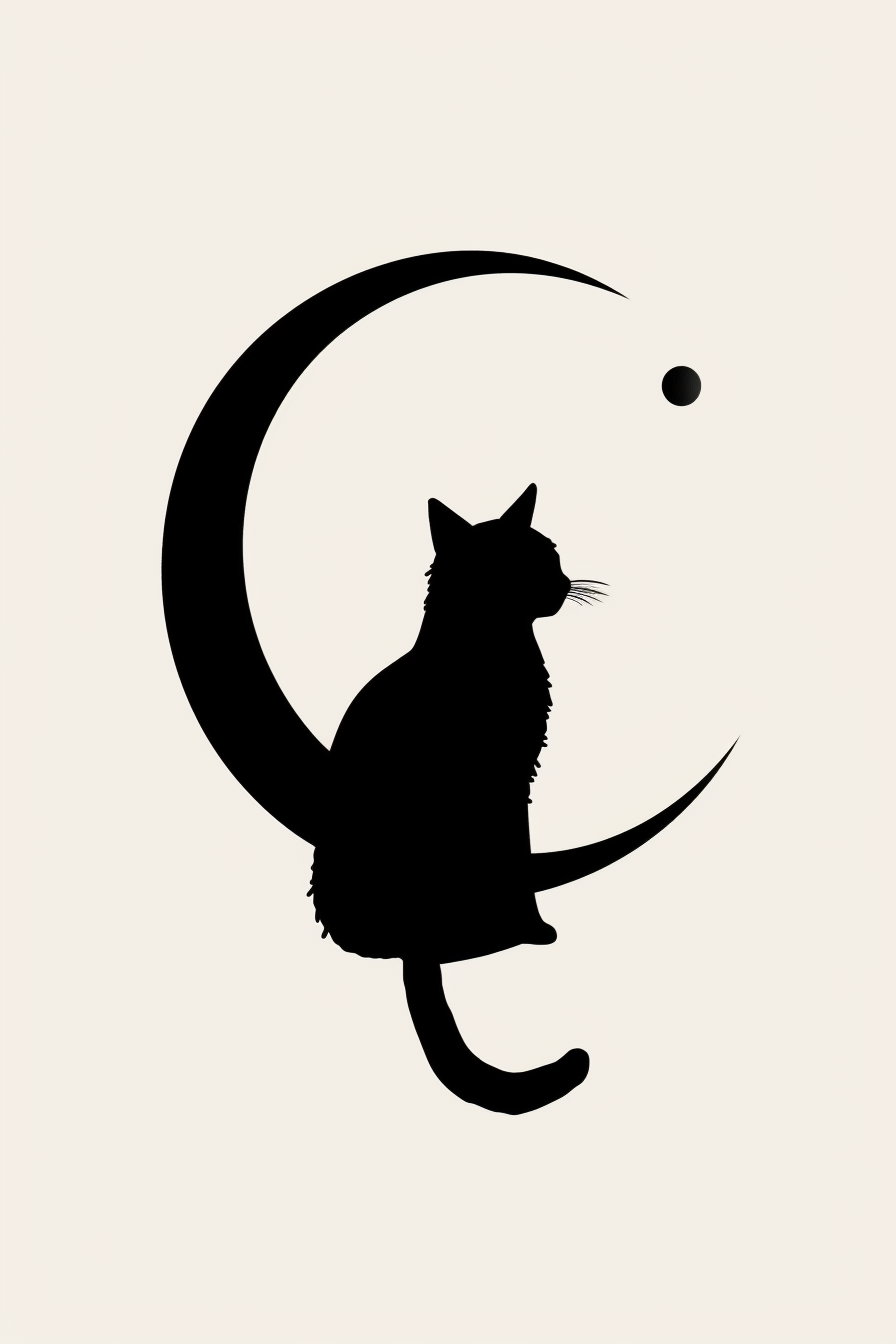 Minimalist black cat under crescent moon on white background