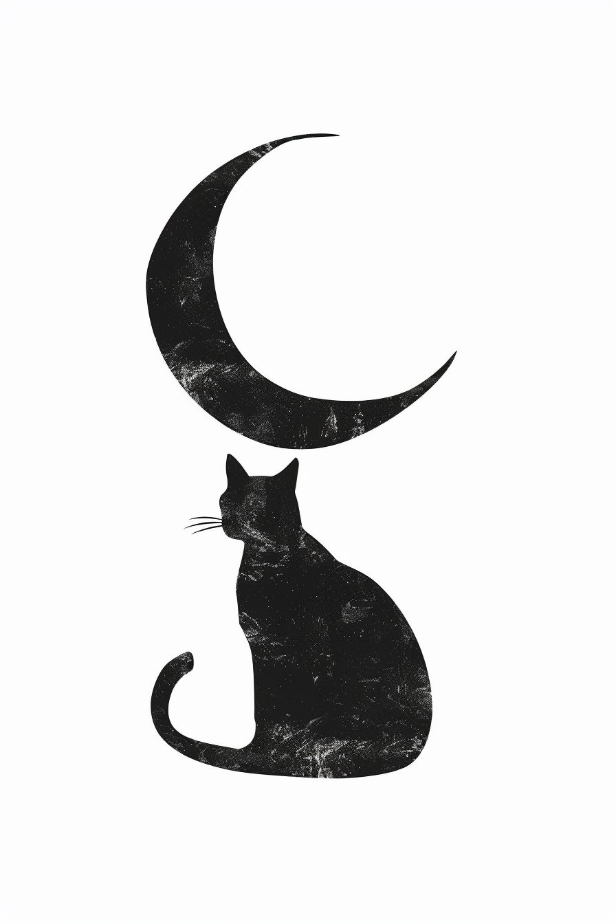 Minimalist black cat under crescent moon on white background