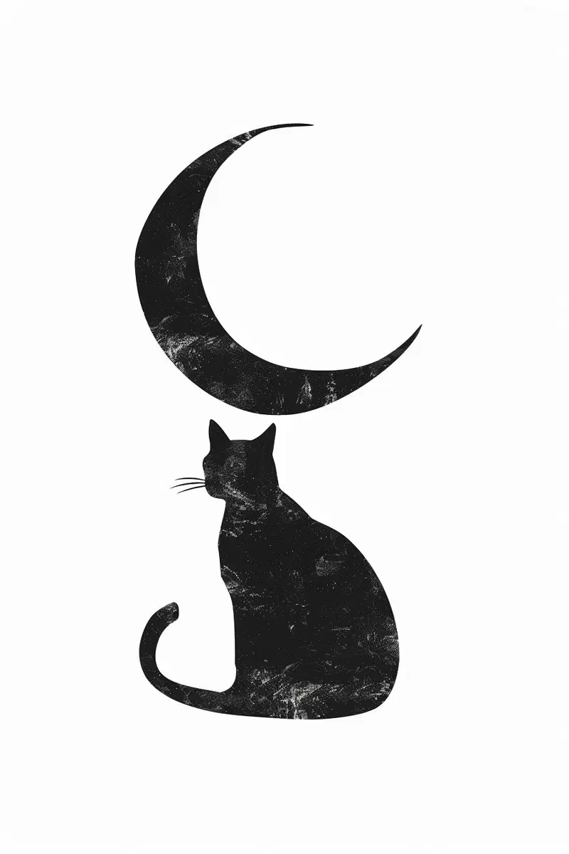 Minimalist Black Cat Printable Wall Art Under Crescent Moon