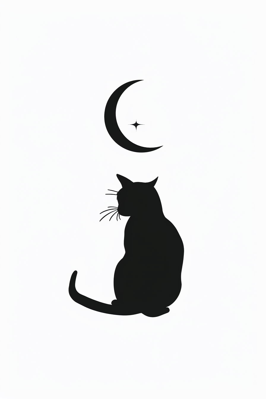 Minimalist black cat under crescent moon on white background