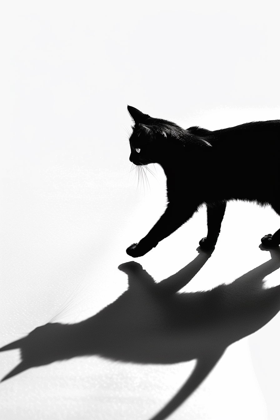 Minimalist cat walking with long shadow on white background