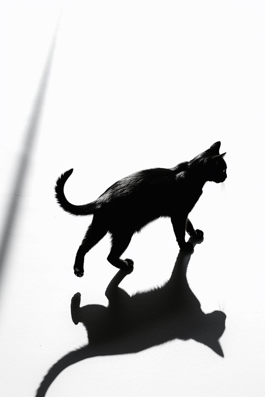 Minimalist cat walking with long shadow on white background