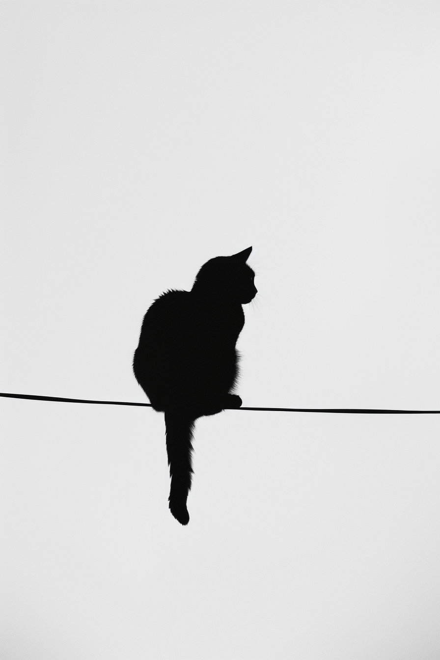 Black cat perched gracefully on a thin wire against white background